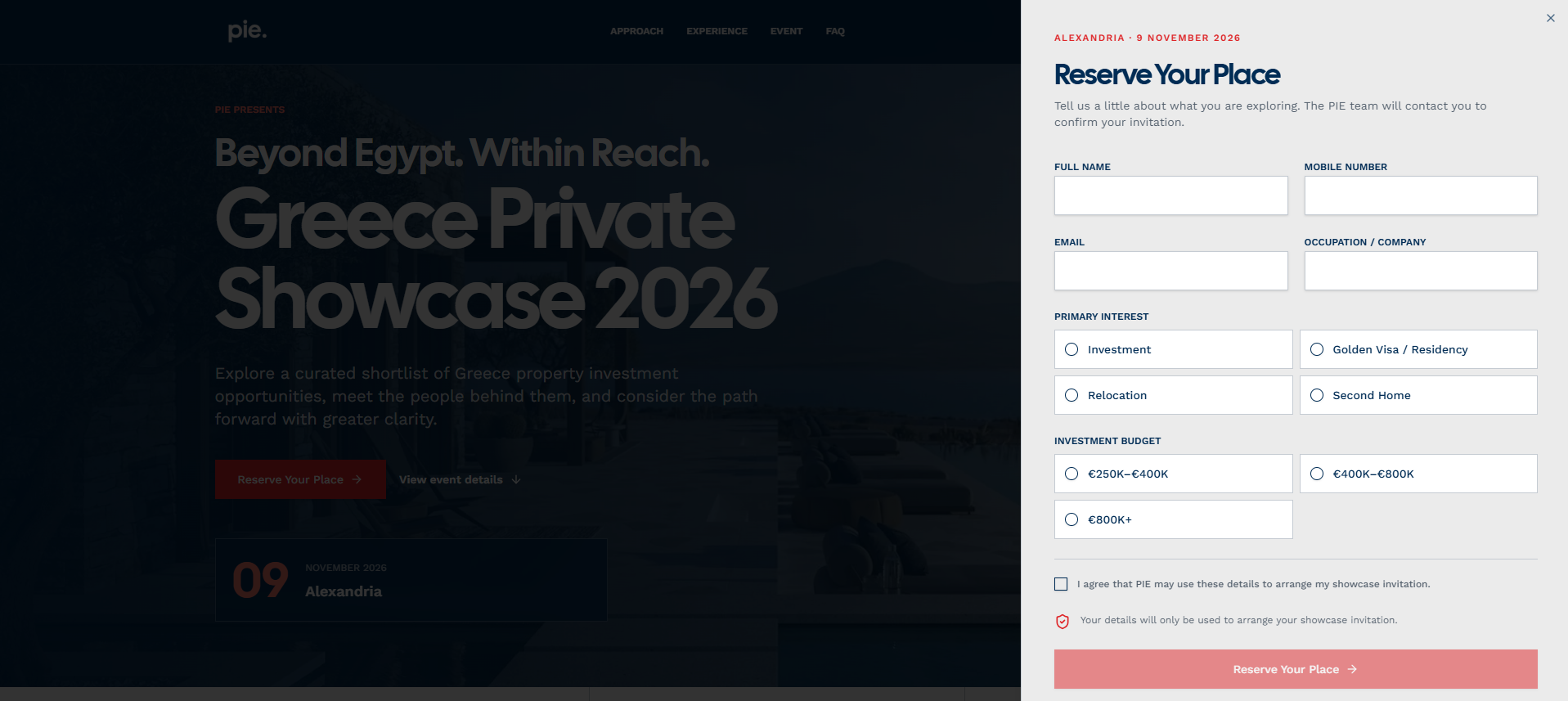 Greece Private Showcase landing page concept showing the hero and reservation form